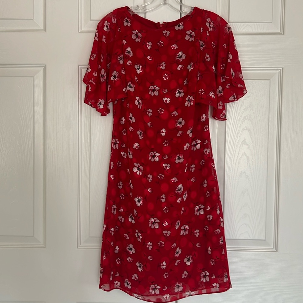 Karl Lagerfeld Red Sheer Floral Pattern Red Polka Dots Short Flutter Sleeves 2